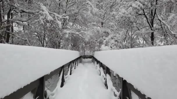 Caminhando através de uma ponte pedestre coberta de neve sobre o rio após a queda de neve pesada — Vídeo de Stock
