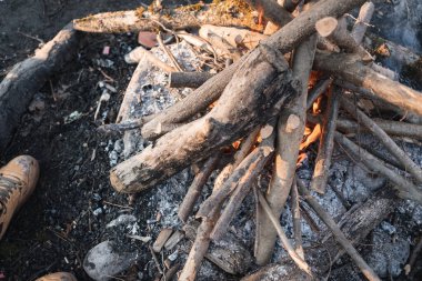 Doğada şömine, odun ve közle ızgaraya hazır.