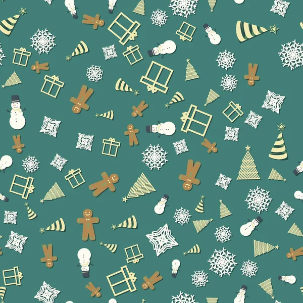 Yeşil arka planda kusursuz bir Noel şablonu. Posterler, kartlar, kumaşlar veya kahverengi kağıtlar için uygun bayram şablonu