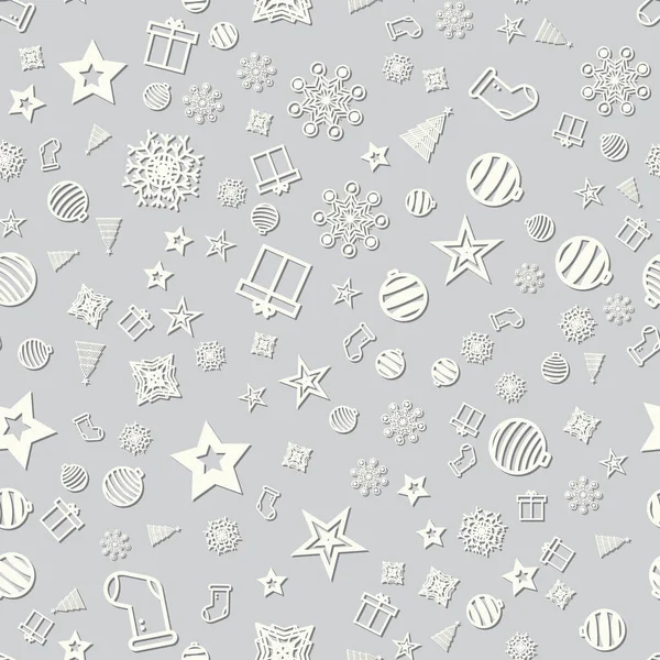 Weiße Weihnachten nahtlose Muster mit Weihnachten Icons. Vektor-Illustration auf silbernem Hintergrund — Stockvektor