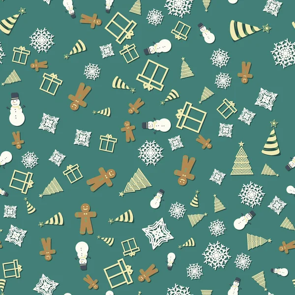 Zökkenőmentes karácsonyi minta zöld háttérrel. ünnepi sablon poszterekhez, kártyákhoz, szövetekhez vagy barna papírhoz — Stock Vector