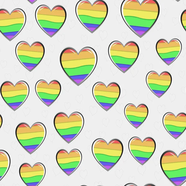 Pembe arka planda gökkuşağı metalik kalpleri olan kusursuz vektör deseni. LGBT gurur bayrağı renk çizimi