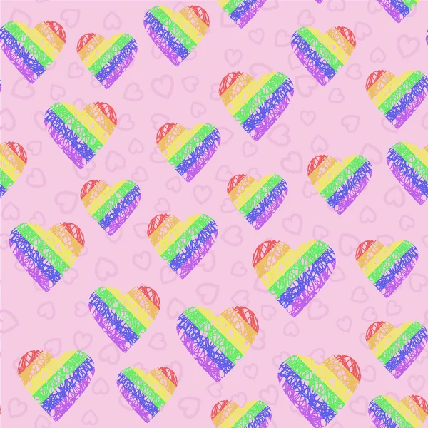 Patrón vectorial sin costuras con corazones arcoíris LGBT líneas sombreadas sobre fondo rosa. Bandera de orgullo ilustración de color — Archivo Imágenes Vectoriales