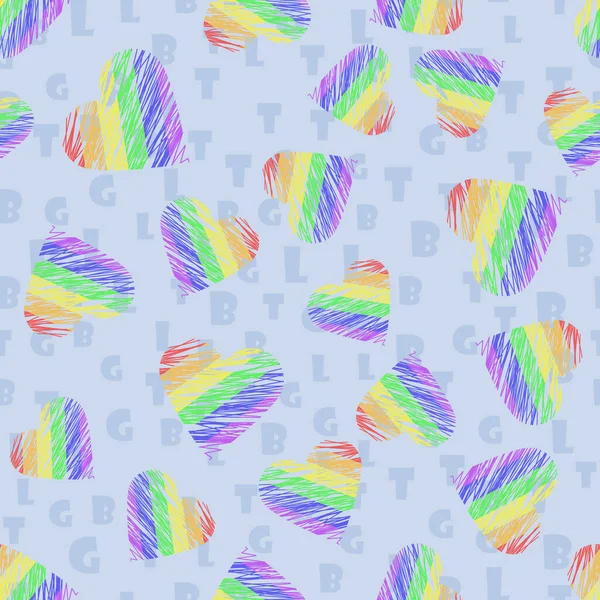 Gökkuşağı LGBT kalpleri mavi arkaplanda gölgeli çizgileri olan kusursuz vektör deseni. Gurur bayrağı renk illüstrasyonu