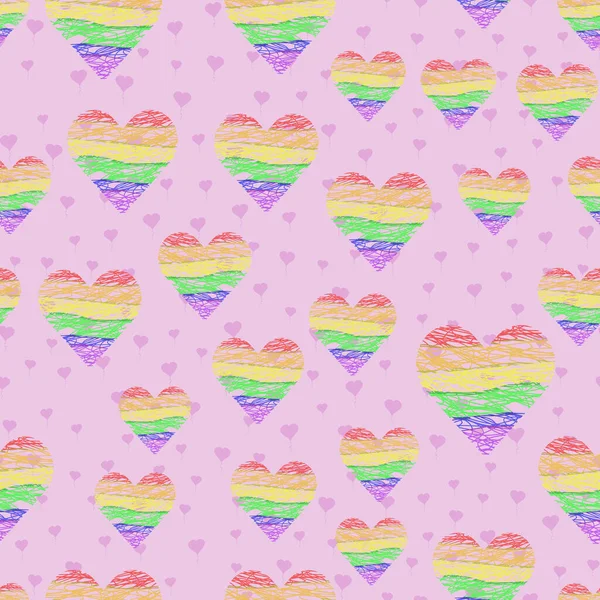 Naadloze vector patroon met regenboog LGBT harten schaduwrijke lijnen op roze achtergrond. Trotse vlag kleur illustratie — Stockvector