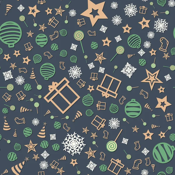 Зеленый рождественский бесшовный узор с рождественскими иконами. Векторная иллюстрация на тёмном фоне — стоковый вектор