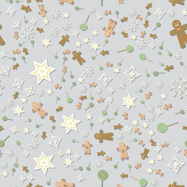 Bunte Weihnachten Nahtlose Muster mit Weihnachten Ikonen. Vektor-Illustration auf silbernem Hintergrund — Stockvektor