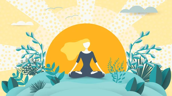 Spirituelle Therapie für Körper und Geist mit Harmonie Yoga Vektor Illustration. Wellness und Gesundheit in der Natur. Geistesruhig Mädchen auf dem Hintergrund der Sonne. Ausgeglichenheit und Gelassenheit von Körper und Geist — Stockvektor