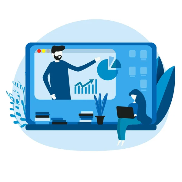 Modern online eğitim, evde eğitim. İşyeri, dizüstü bilgisayarda erkek öğretmen, online kurs izleyen kadın. E-öğrenme afişi. Web kursları ya da özel ders konsepti. Eğitim vlog 'u. Vektör illüstrasyonu
