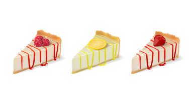 Beyaz arka planda izole edilmiş ahududu limonlu ve çilekli gerçekçi çizkek dilimleri.