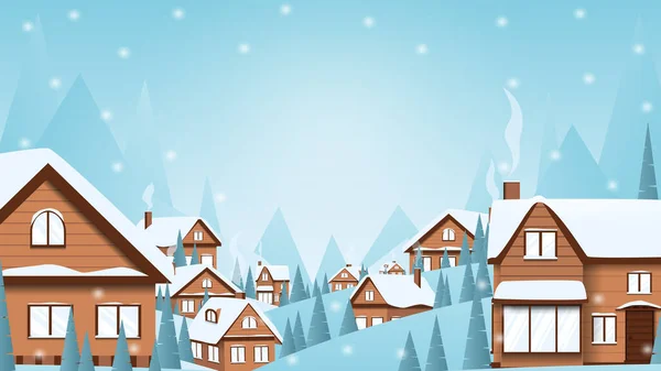 Winter illustration of landscape and wooden houses in beautiful nature in the mountains with copy space. — Stock Vector