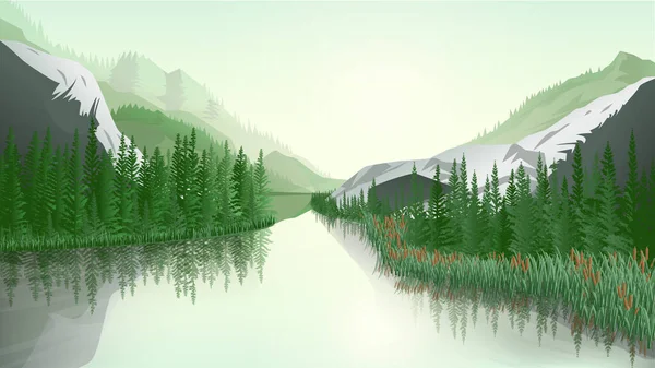 Векторное утро в красивых горах с рекой и деревьями — стоковый вектор