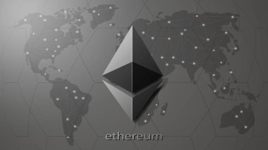 Dünya 'nın arka planında Ethereum kripto para birimi simgesi. Uygulamalar ve web siteleri için kristal resim simgesi logosu. engelleme zinciri etiketi
