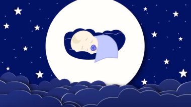Mavi renkte uyuyan bir erkek bebeğin 2d animasyonu. Ay, bulutlar ve yıldızlar karanlık gökyüzünde