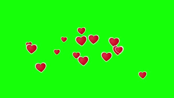 Yeşil ekranda uçan kalp animasyonu. 4K Kalp 2B animasyonu — Stok video