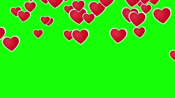 Анимация летающих сердец на зеленом экране. 4K сердца 2D анимации — стоковое видео