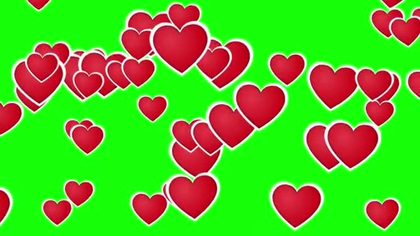 Yeşil ekranda uçan kalp animasyonu. 4K Kalp 2B animasyonu — Stok video
