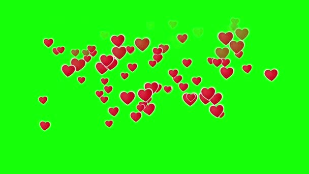 Fliegende Herzen Animation auf grünem Bildschirm. 4K Herzen 2D Animation — Stockvideo