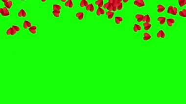 Kalpler yeşil ekranda yukarı doğru uçar. Şeffaf aşk, sevgililer günü romantik arka plan, gündoğumu animasyonu