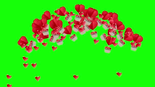 Αερόστατο θερμού αέρα με καρδιές πετούν προς τα πάνω σε μια πράσινη οθόνη. Διαφανής αγάπη Valentine ρομαντική animation φόντο — Αρχείο Βίντεο