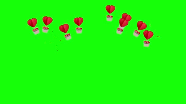 Heißluftballons mit Herzen fliegen auf einer grünen Leinwand in die Höhe. Transparente Liebe valentine romantische Hintergrundanimation nach oben — Stockvideo