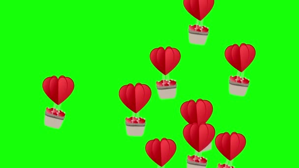 Воздушный шар с сердцами летать вверх на зеленом экране. Прозрачная любовь Валентина романтическая фоновая анимация — стоковое видео