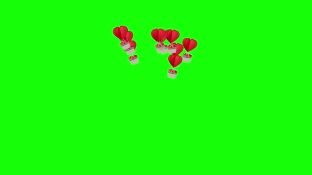 심장이 달린 뜨거운 공기 풍선 이 녹색 화면 위로 날아 오릅니다. 투명 한 사랑 발렌타인 로맨틱 한 배경 애니메이션 — 비디오