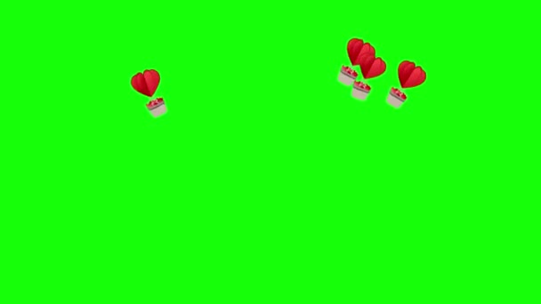 Hot air balloon with hearts fly upwards on a green screen. Transparent love valentine romantic background animation up — Stock Video