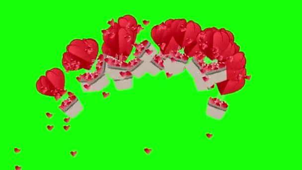 Le transizioni di mongolfiera con cuori volano verso l'alto su uno schermo verde. sfondo per l'editing video. San Valentino video concetto di transizione di amore e stagione nuziale — Video Stock