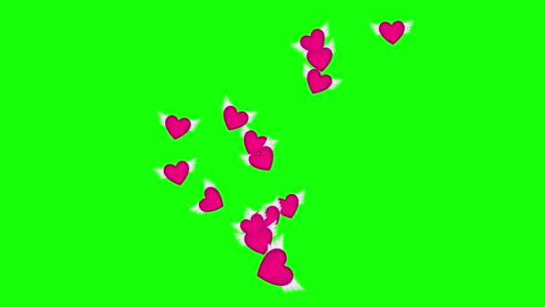 Animation geflügelter Herzen, die auf einem grünen Bildschirmhintergrund fliegen. Rote Herzen flattern mit den Flügeln. 4k Videovorlage — Stockvideo