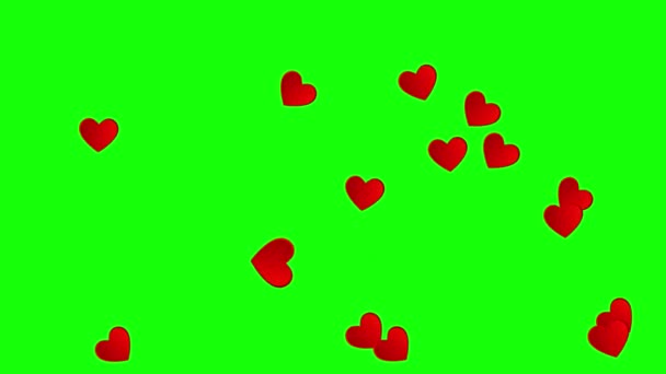 Анимация летающих сердец на зеленом экране. 4k 2d видео шаблон — стоковое видео
