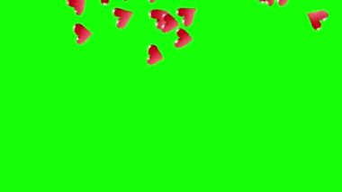 Yeşil ekranda farklı yönlere uçan kalplerin animasyonu. Şeffaf aşk, sevgililer günü romantik geçmişi. Video için şablon