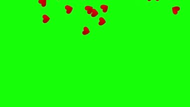 Yeşil ekranda farklı yönlere uçan kalplerin animasyonu. Şeffaf aşk, sevgililer günü romantik geçmişi. Video için şablon