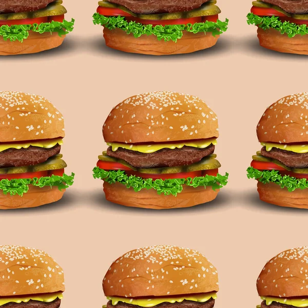 Realistic burger vector seamless pattern illustration. Classic american hamburger fast food vector — Stock Vector