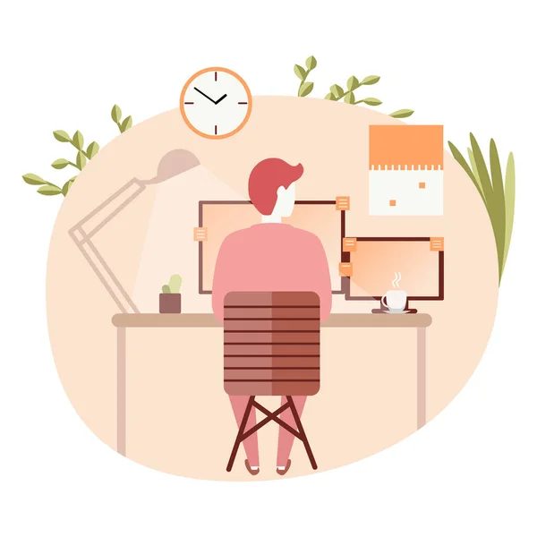 Geschäftsmann sitzend Schreibtisch Büro Arbeitsplatz Laptop Rückseite Vektor Illustration — Stockvektor