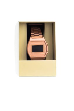 Eski tarz gül sarısı dijital saat. Hediye kutusunda boş ekran var.