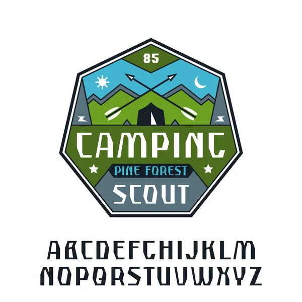 Rustic sanserif font and camping emblem — Stock Vector