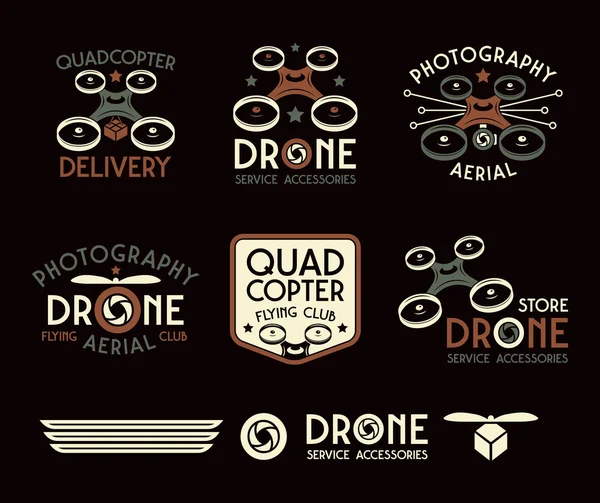 Drone or quadrocopter set of vector badges — Stock Vector