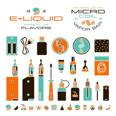 Vape etiketleri, e-sigara ve meyve simgeler lezzet