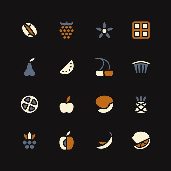 Iconos de frutas y desierto en estilo plano — Vector de stock