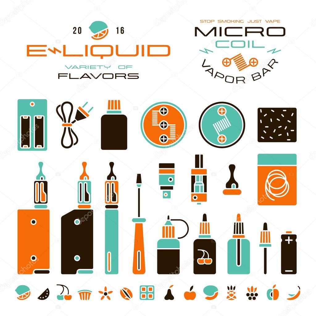 Vape labels, e-cigarette and fruit flavor icons in flat style. Color print on white background