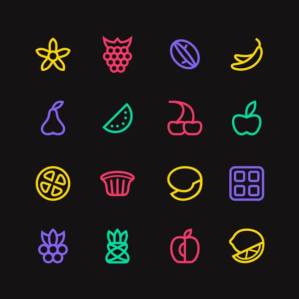 Iconos de frutas y desierto en estilo de línea delgada — Vector de stock