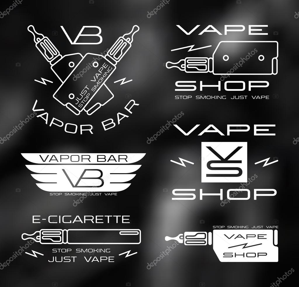 Vapor bar and vape shop logo in thin line style. White print  on blurred background