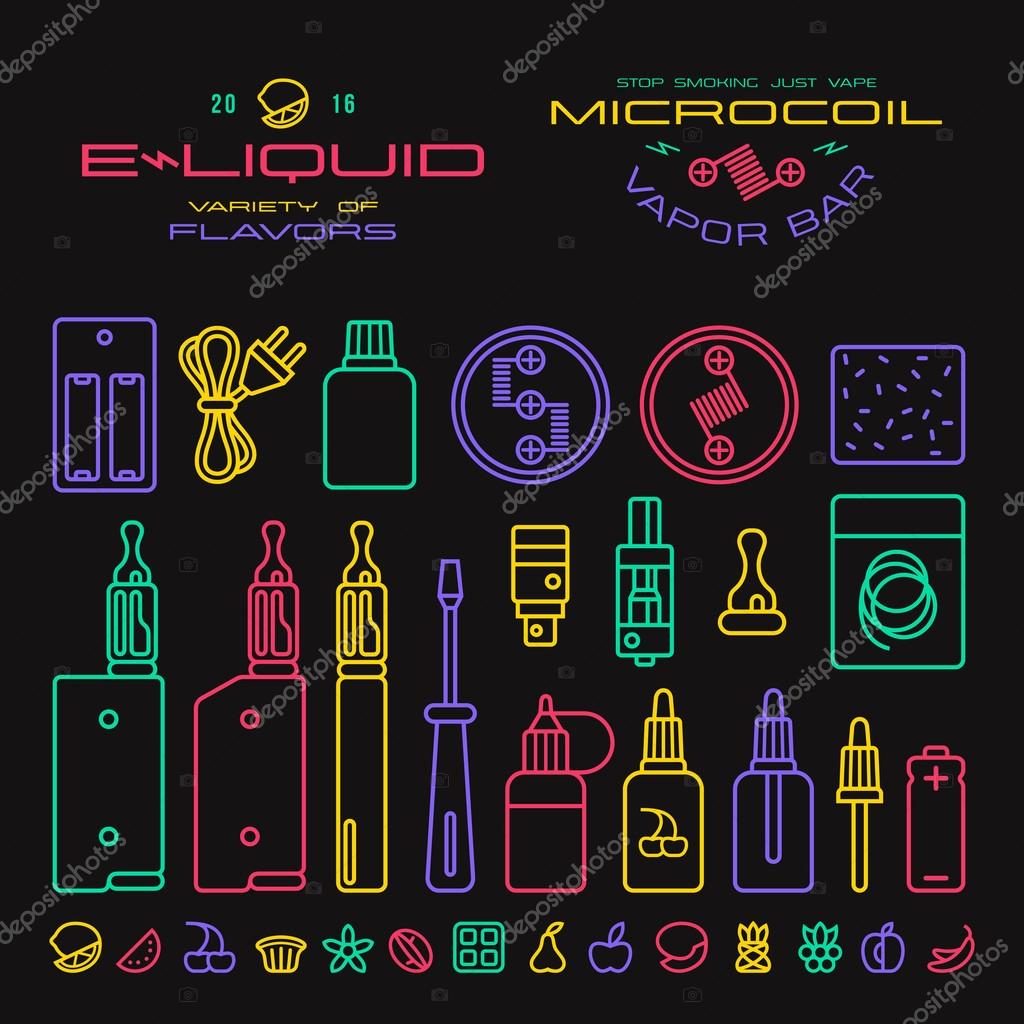 Vape labels, e-cigarette and fruit flavor icons in thin line style. Color print on black  background