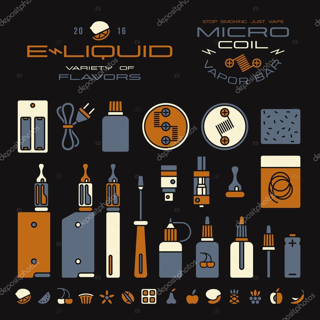 Vape labels, e-cigarette and fruit flavor icons in flat style. Color print on black  background