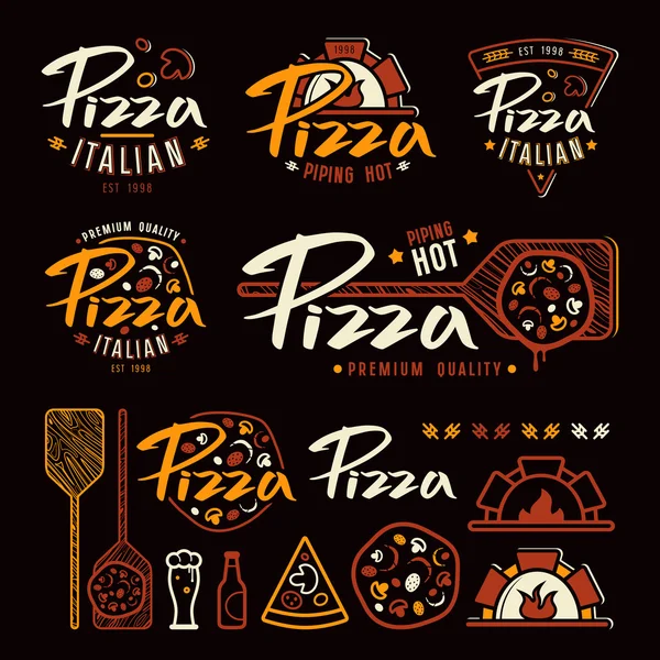 Conjunto de rótulos de pizzaria, emblemas e elementos de design —  Vetores de Stock