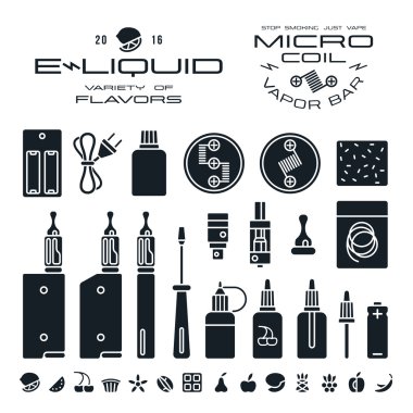 Vape etiketleri, e-sigara ve meyve simgeler lezzet