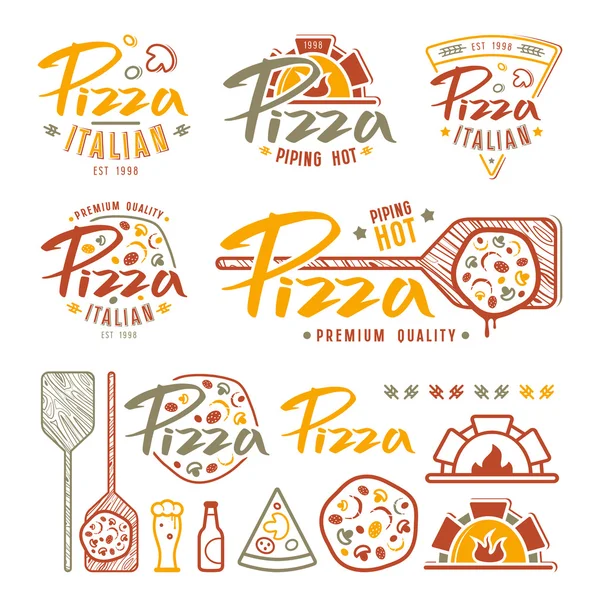 Set di etichette pizzeria, badge ed elementi di design — Vettoriale Stock