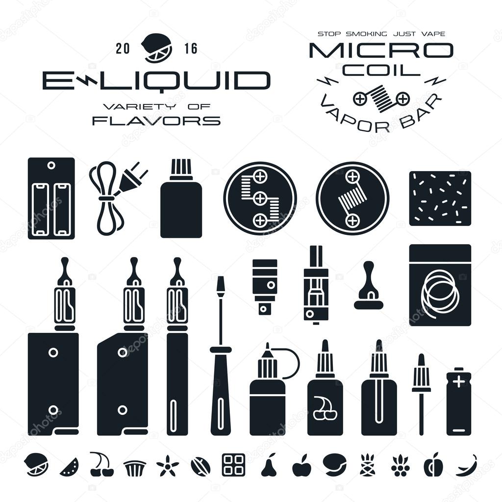Vape labels, e-cigarette and fruit flavor icons in flat style. Black print on white background