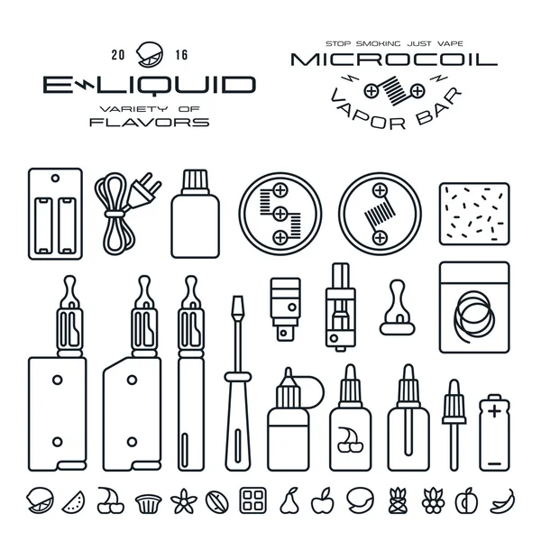 Vape étiquettes, e-cigarette et des icônes de saveur de fruits — Image vectorielle